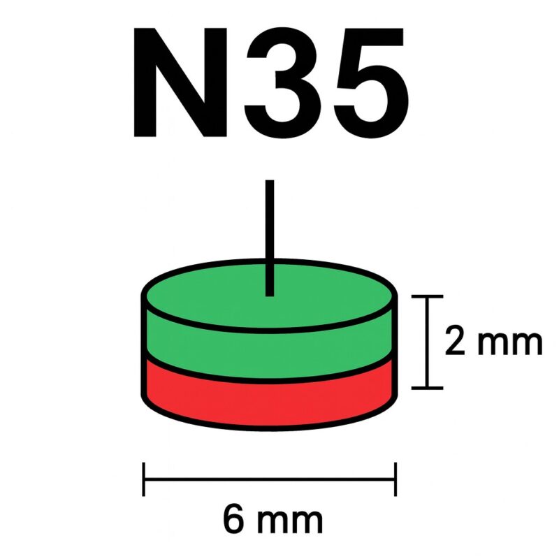 Scheibenmagnet Ø 6×2 mm N35 vernickelt – technische Darstellung mit axialer Magnetisierung