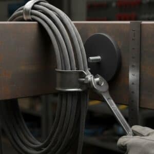 Gummierter Topfmagnet 66x8,5 mm mit M8 Gewindebolzen zur Befestigung eines Seils oder Gegenstands an einer metallischen Oberfläche.