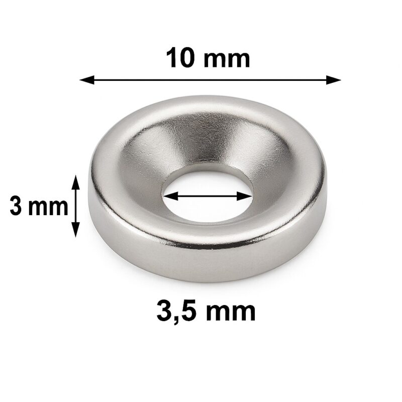 Ringmagnet mit konischer Senkung und Maßangaben: 10 mm Außendurchmesser, 3,5 mm Bohrung, 3 mm Höhe