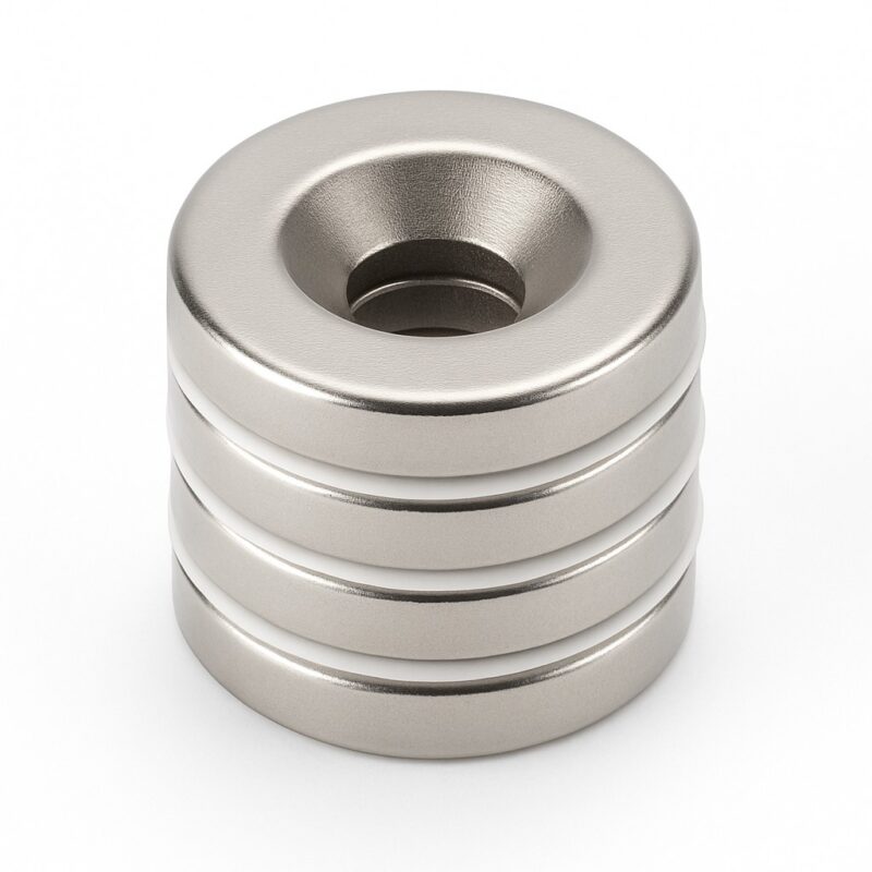 Fünf vernickelte Ringmagnete mit konischer Senkung, gestapelt und getrennt durch weiße Abstandsscheiben (Ø10 / 3,5 mm × 3 mm)