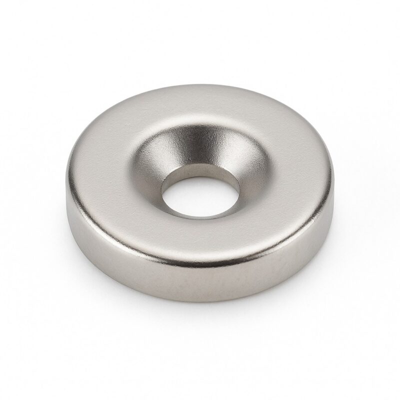 Einzelner vernickelter Ringmagnet mit konischer Senkung auf weißem Hintergrund.(Ø10 / 3,5 mm × 3 mm)