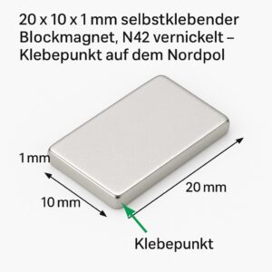 20x10x1 mm Neodym-Blockmagnet mit Maßangaben und grünem Pfeil zum Klebepunkt auf dem Nordpol, dargestellt auf weißem Hintergrund