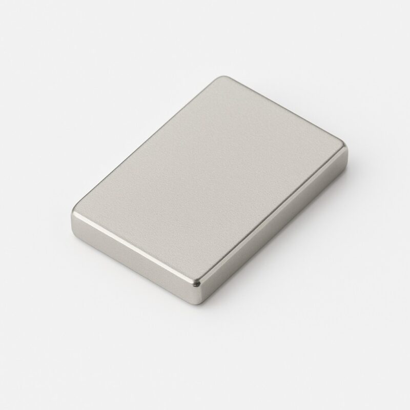Rückseite eines 20x10x1 mm Blockmagneten mit beiger 3M-Klebefolie und grünem 3M-Logo auf weißem Hintergrund