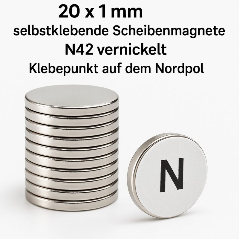 Scheibenmagnete 20x1 mm, selbstklebende Magnete, N42 Neodym-Magnet, Klebepunkt Nordpol, Magnet für Basteln, Neodym-Magnete flach, Magnetfolie Alternative, starker Flachmagnet