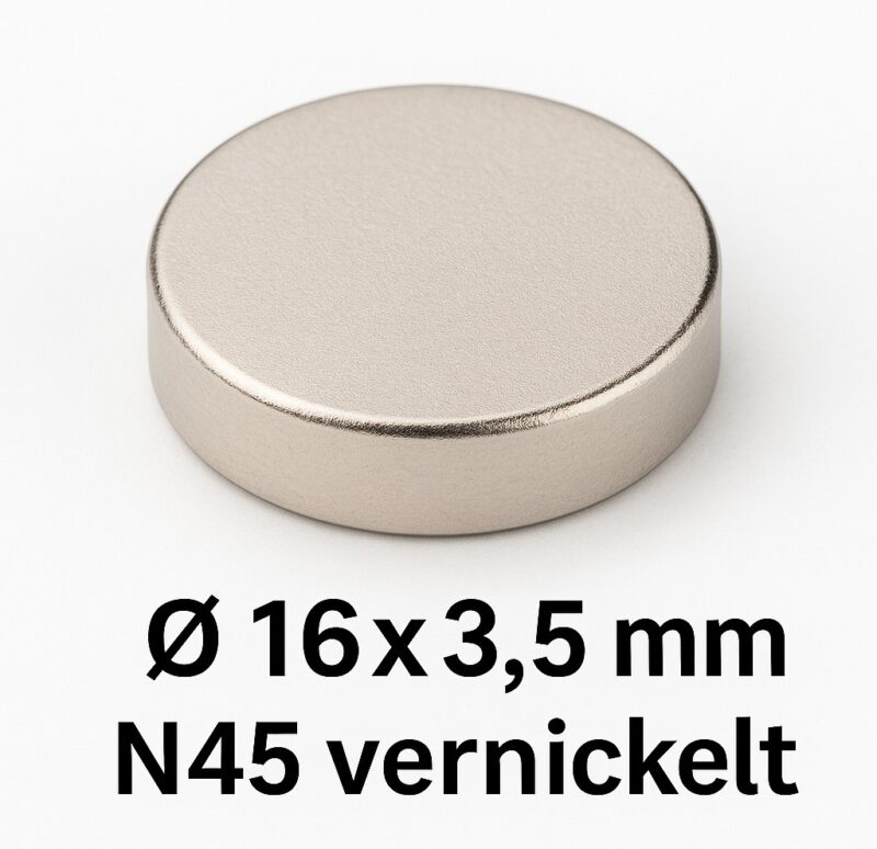 Neodym-Scheibenmagnet Ø 16x3,5 mm N45 vernickelt auf weißem Hintergrund mit Beschriftung
